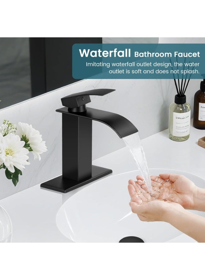 NIUB Waterfall Bathroom Faucet, Modern Single Handle Bathroom Faucet for 1 or 3 Hole Mxier Tap Washbasin Faucet with Deck, Pop-up Drain and Supply Hoses - Image 2
