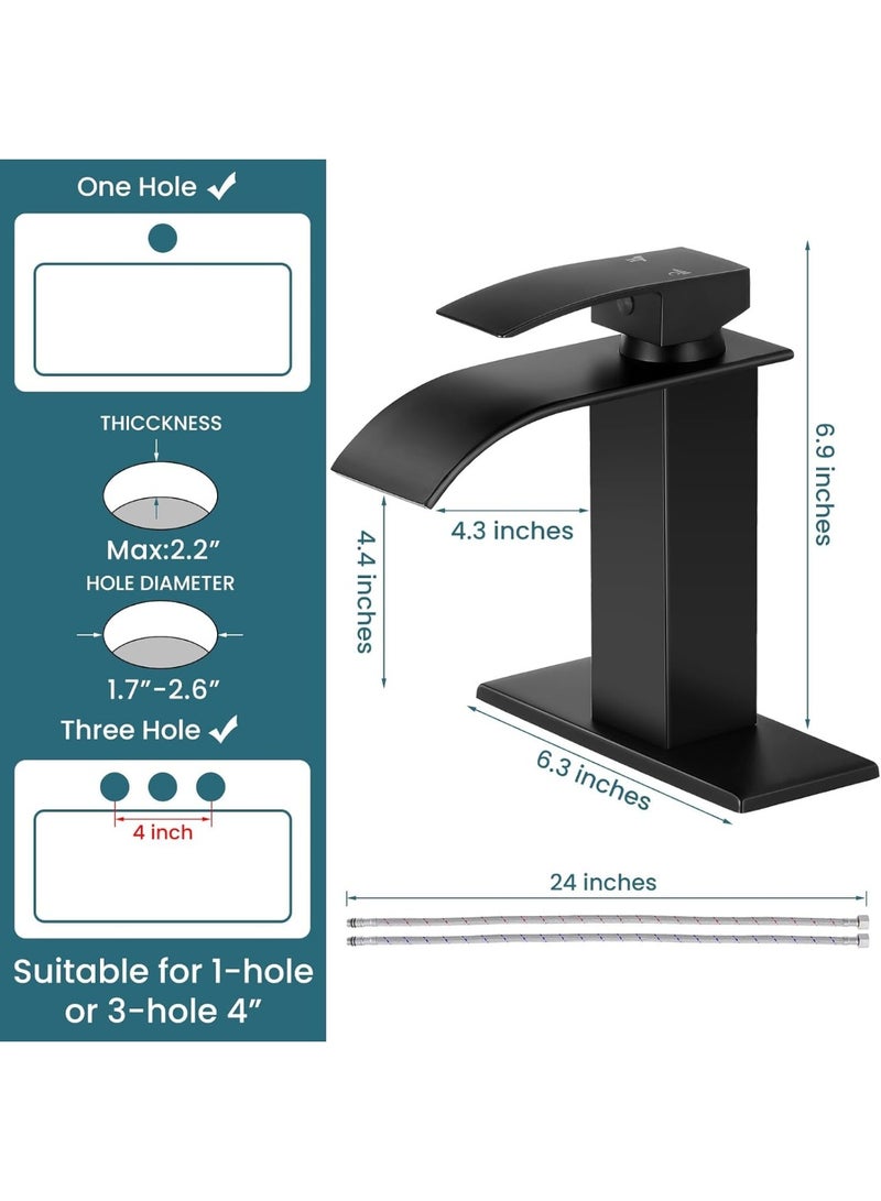 NIUB Waterfall Bathroom Faucet, Modern Single Handle Bathroom Faucet for 1 or 3 Hole Mxier Tap Washbasin Faucet with Deck, Pop-up Drain and Supply Hoses - Image 3