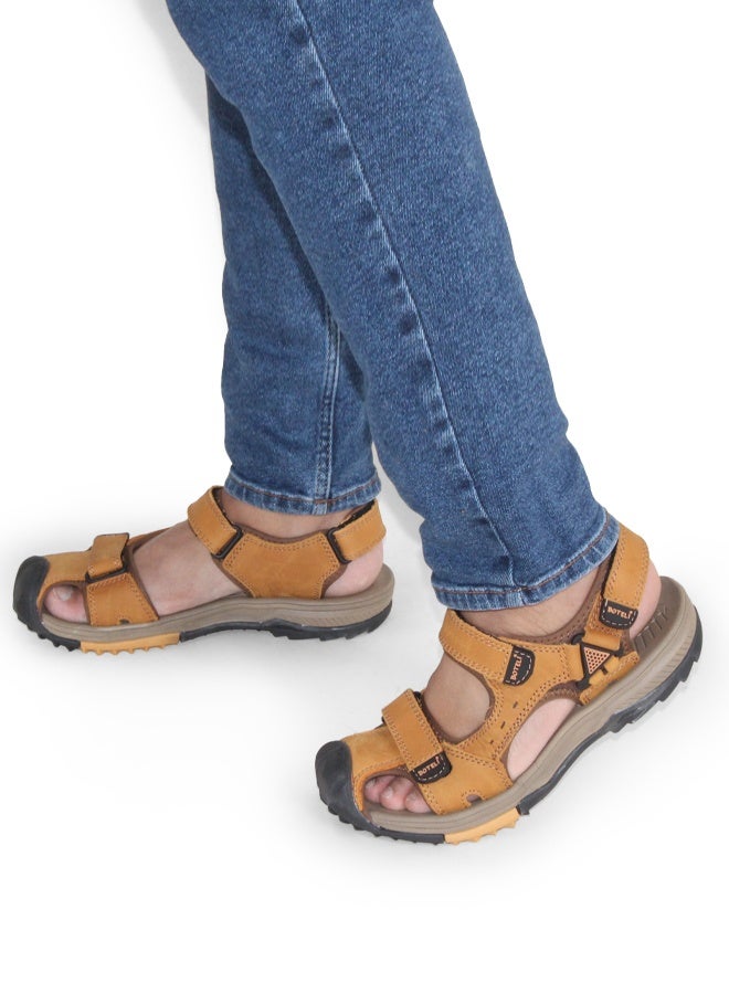 BOTELI Men's Closed Toe Genuine Leather Outdoor Sandals,
 Anti-Collision Toe Cap 3 Adjustable Velcro Straps Non-Slip Shock Absorbing Hiking Beach Sandals - Image 1