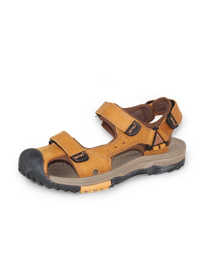 BOTELI Men's Closed Toe Genuine Leather Outdoor Sandals,
 Anti-Collision Toe Cap 3 Adjustable Velcro Straps Non-Slip Shock Absorbing Hiking Beach Sandals - Image 2