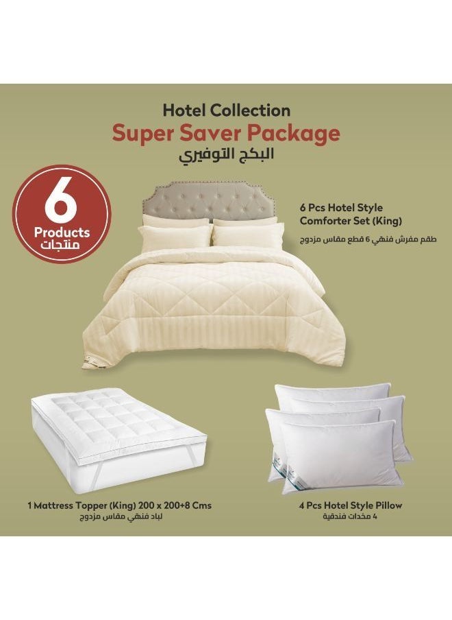 Donetella Hotel Style Super Saver Package 6 Pcs Comforter Set Cream +Mattress Topper + 4 Pillows King  - Image 1