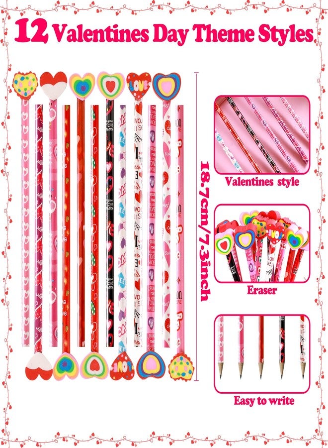 FYXMI 24 Pcs Valentine Pencils Bulk with Erasers, 6 Unique Heart Themed Design for Valentine Goodies Prize Gift Favor Party Supplies - Image 2