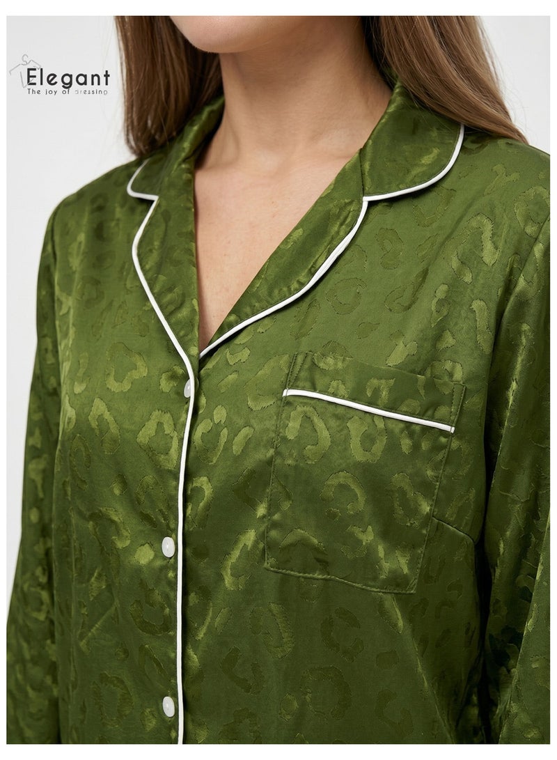 Elegant Satin Long sleeves Classic PJ Pants - Jacquard Olive Green - Image 2