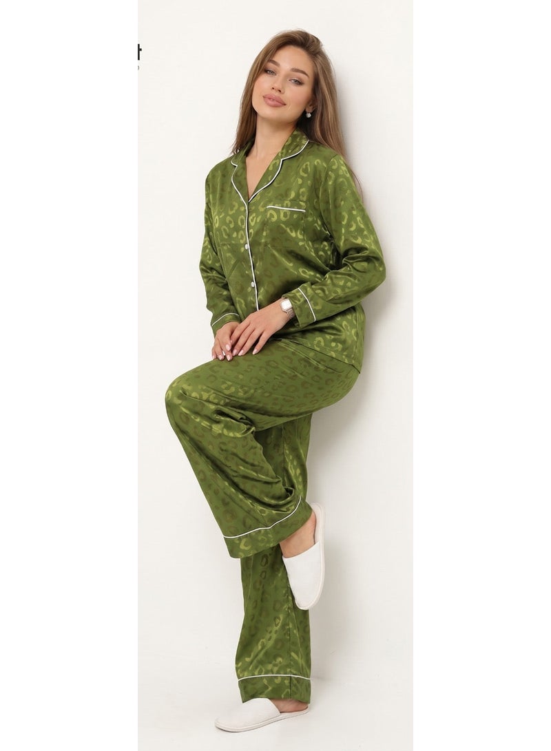 Elegant Satin Long sleeves Classic PJ Pants - Jacquard Olive Green - Image 3