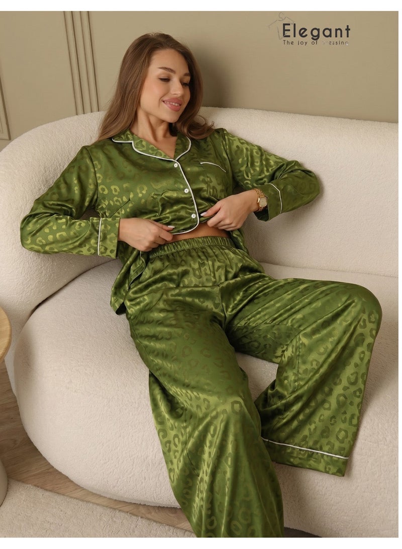 Elegant Satin Long sleeves Classic PJ Pants - Jacquard Olive Green - Image 1