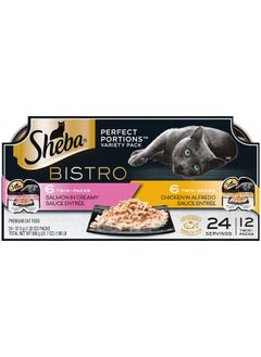 Sheba Sheba Perfect PORTIONS Bistro Wet Cat Food Trays (12 Count, 24 Servings), Chicken in Alfredo Sauce and Salmon in Creamy Sauce Entrée, Easy Peel Twin-Pack Trays  - Image 1