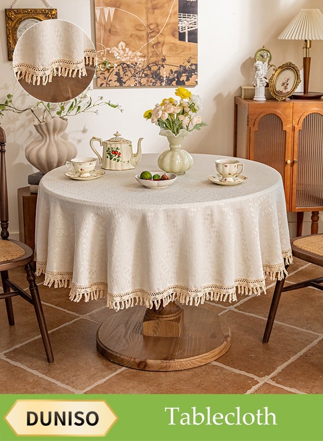 DUNISO Cotton And Linen Tablecloth, Tassel Jacquard Round Tablecloth, Waterproof, Dustproof And Oilproof, Non-Slip, Wear-Resistant And High Temperature Resistant, Suitable For Kitchen, Restaurant, Home, Terrace, Camping, Diameter 150 Cm - Image 1