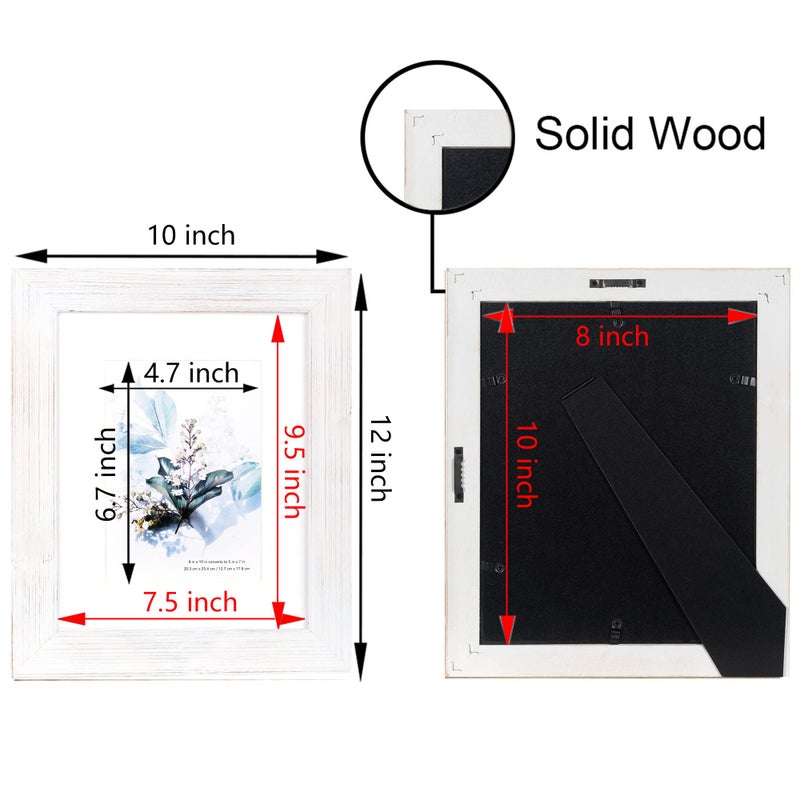 KAIWIN 100% Solid Wood White 8x10 Picture Frame 2 Pack - Display Picture 5x7 with Mat  HD Glass Inside  Rustic Wooden Photo Frames for Table Top and Wall Mounting - Image 4