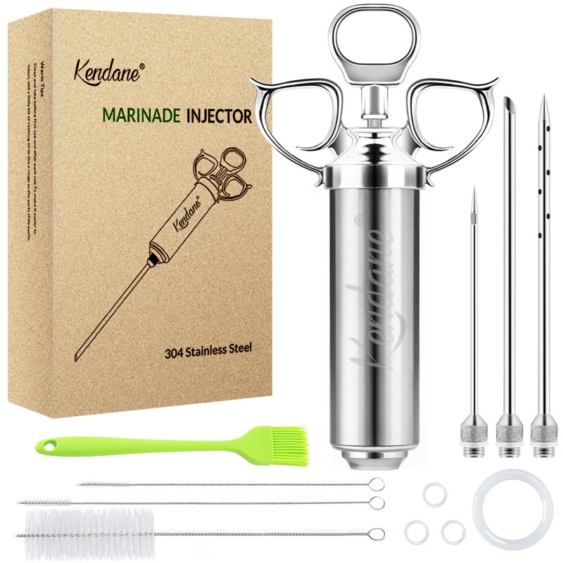 Kendane Meat Injector Syringe 2-oz Marinade Flavor Barrel 304 Stainless Steel with 3 Marinade Needles for BBQ Grill Smoker, Turkey, Fish, Brisket, Paper Silicone Brush and Instruction Included by Kendane - Image 1