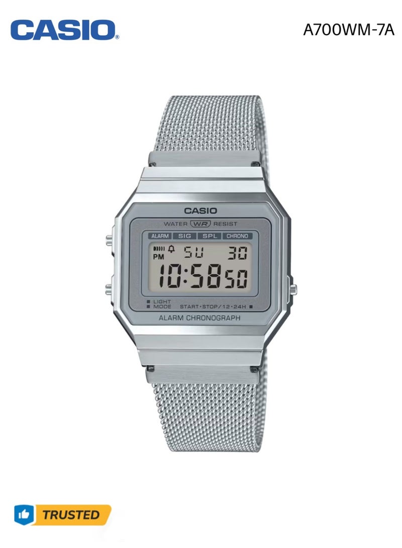 Casio Vintage A700WM-7A Digital Watch Super Slim Stainless Steel Mesh Band