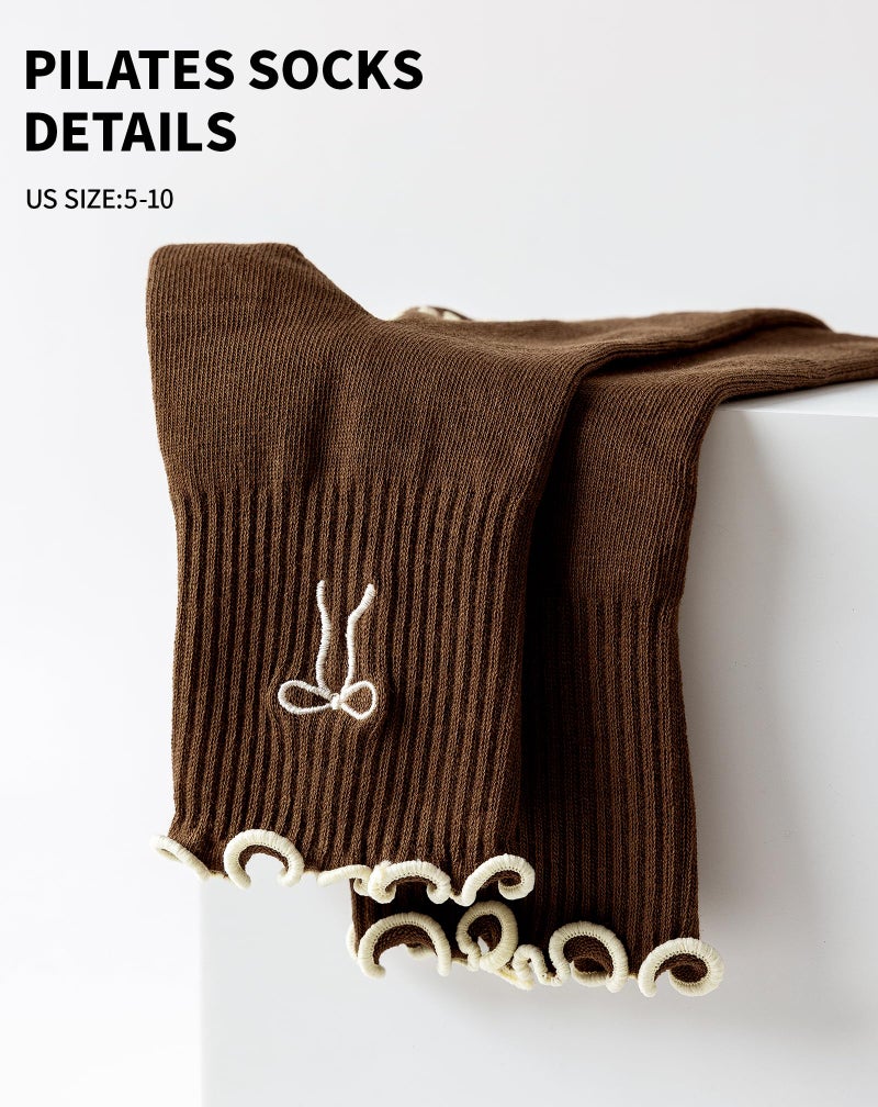 Yawlsow Pilates Grip Socks for Women Yoga Grippy Socks Cute Barre Non Skid Athletic Crew Sticky Sock Workout Hospital (US, Alpha, One Size, Regular, Regular, 1 Pack-Brown-Bow) - Image 3