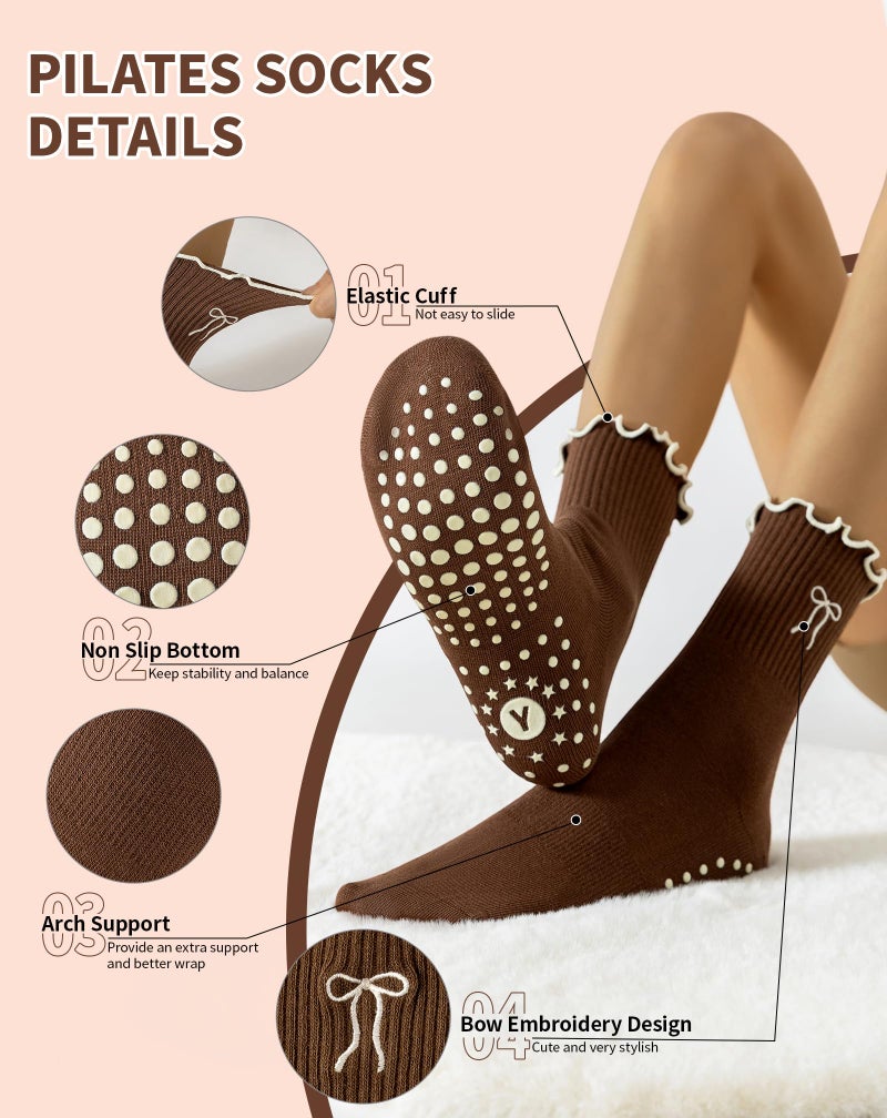 Yawlsow Pilates Grip Socks for Women Yoga Grippy Socks Cute Barre Non Skid Athletic Crew Sticky Sock Workout Hospital (US, Alpha, One Size, Regular, Regular, 1 Pack-Brown-Bow) - Image 4