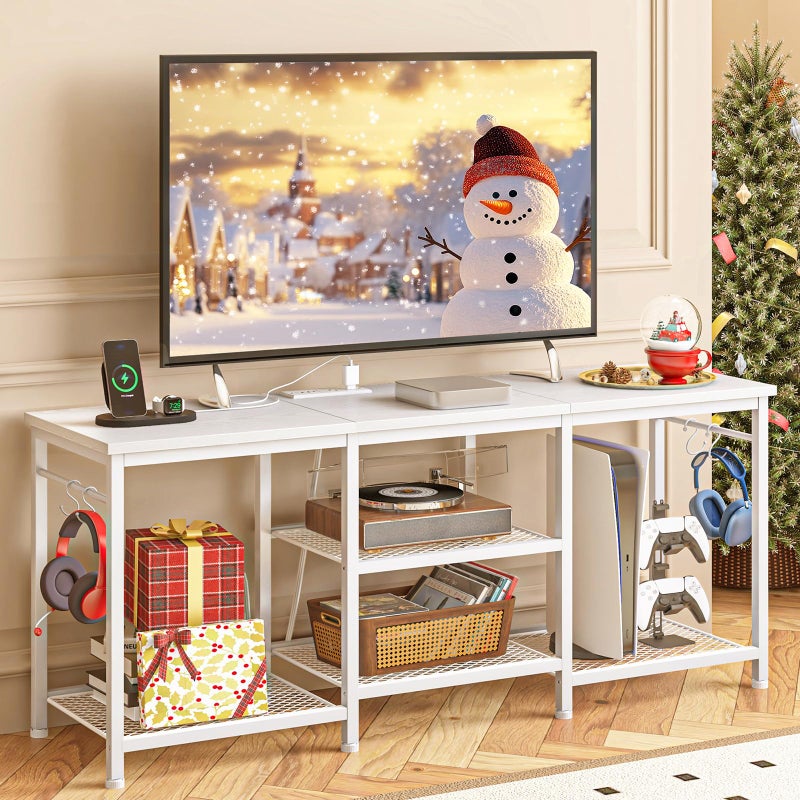 YGEOMER Entertainment Center for 55 inch TVs, TV Stand with Power Outlet and Open Storage Shelves, TV Media Console Table for Living Room and Bedroom, White - Image 1