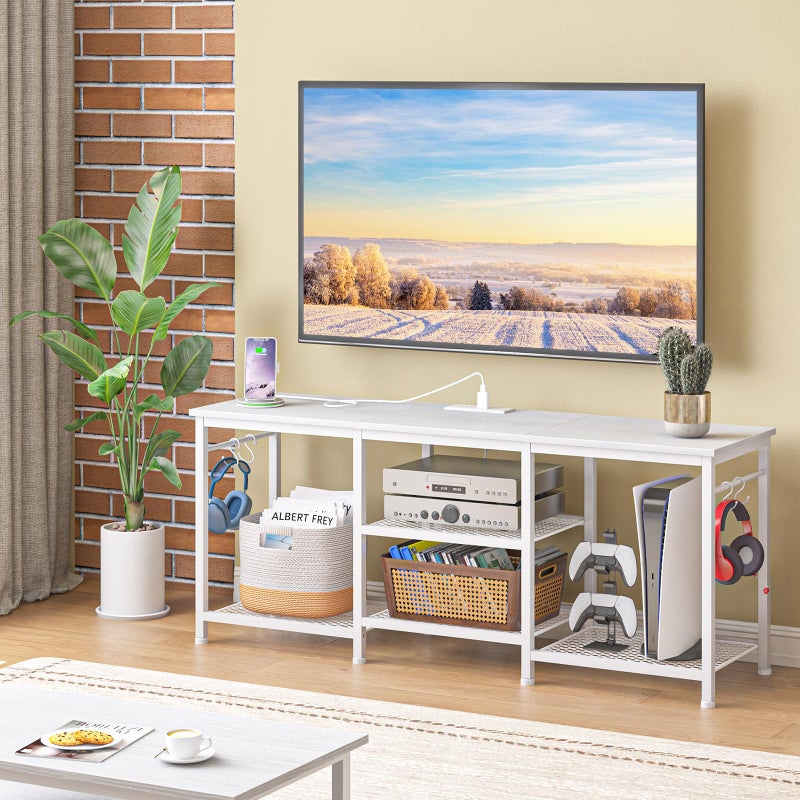 YGEOMER Entertainment Center for 55 inch TVs, TV Stand with Power Outlet and Open Storage Shelves, TV Media Console Table for Living Room and Bedroom, White - Image 4
