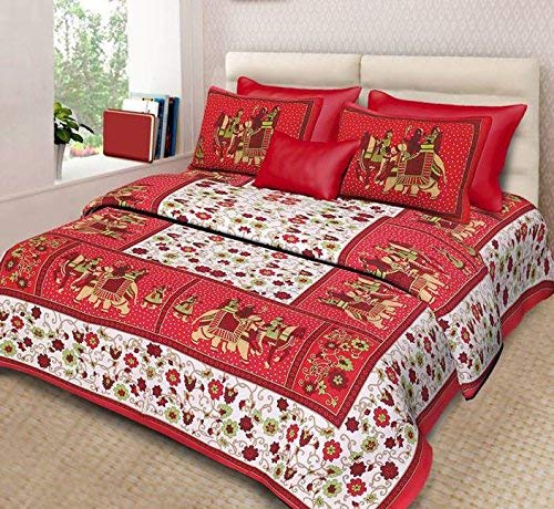 ART WORLD Queen Size Double Bed Sheet with Pillow Covers Pure Cotton Rajasthani Jaipuri Traditional Printed Bedcover (Red, Queen) - Image 4
