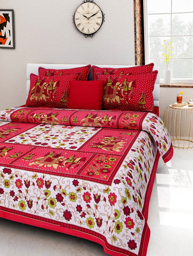 ART WORLD Queen Size Double Bed Sheet with Pillow Covers Pure Cotton Rajasthani Jaipuri Traditional Printed Bedcover (Red, Queen) - Image 1