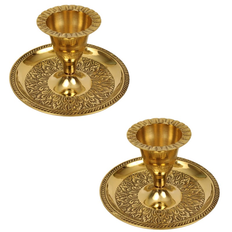 Putrika Brass Candle Holder Stand Antique Set Diwali Pooja Puja Decorative Home Decoration Best Return Gift for Living Bedroom Dining Room Round Embosed Candle Holder Pack of 2 - Image 1