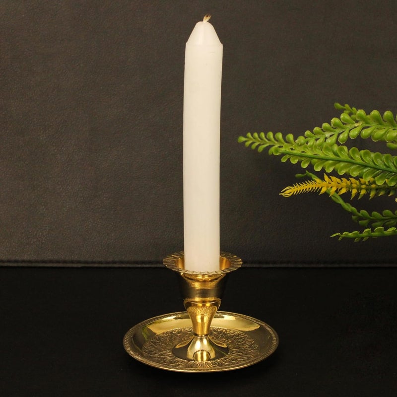 Putrika Brass Candle Holder Stand Antique Set Diwali Pooja Puja Decorative Home Decoration Best Return Gift for Living Bedroom Dining Room Round Embosed Candle Holder Pack of 2 - Image 3