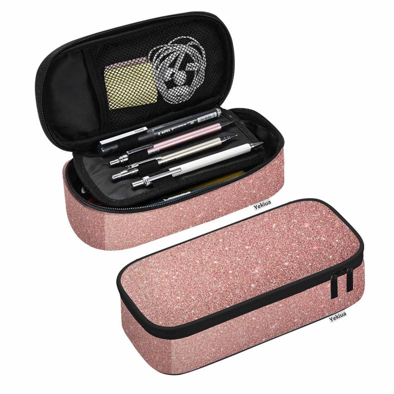 Yekiua Pink Glitter Pencil Holder Shiny Bling Big Capacity Pencil Case MultiPurpose Makeup Pouch For Office College Adult Rose Gold