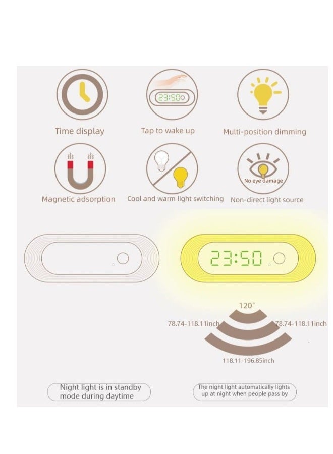 Human Body Sensor Light,Time Display,Motion Sensor Night Lights Wall Lamps,Sliding dimming,Magnetic adsorption, Cold and Warm Light Switch,for Hallway, Closet,Bedside 