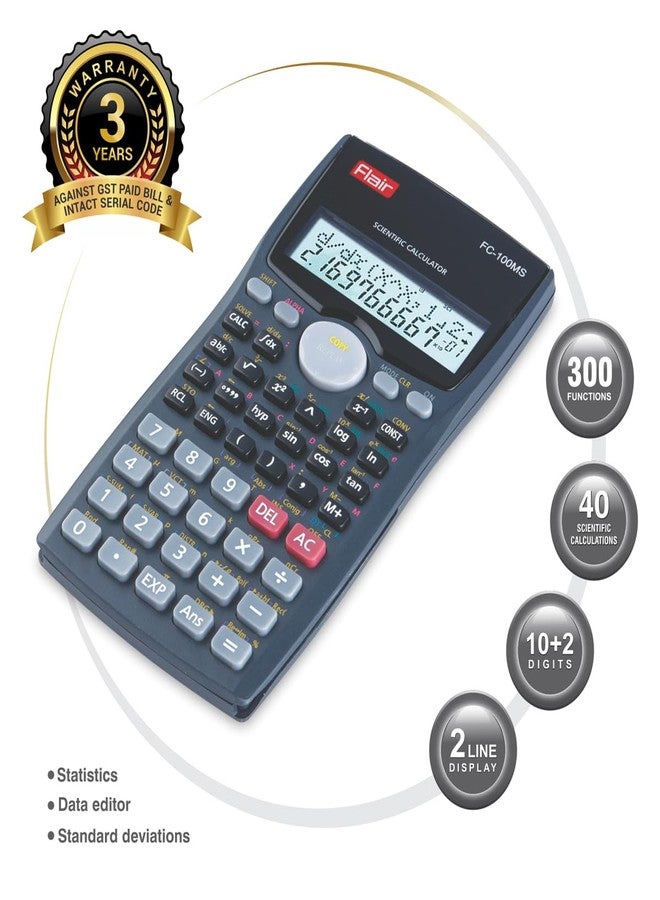Flair FC-100MS Desktop Series Scientific Calculator | 300 Functions with 40 Scientific Calculations | Two Line Display | 10 + 2 Digits Calculator | for Student & Financial Work | Black, Pack of 1 - Image 3