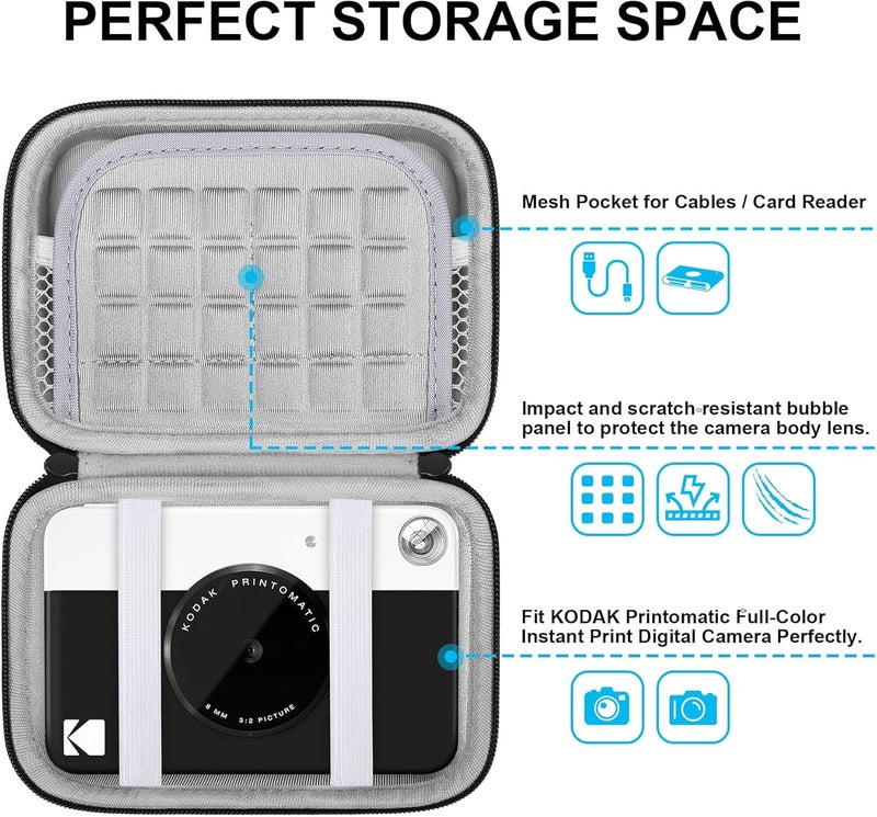 Lacdo Camera Carrying Case for KODAK Printomatic Full-Color Instant Print Digital Camera, Portable Instant Photo Printer Hard Travel Storage Bag, Mesh Bag Fits Batteries, USB Cable, SD Card, Gray - Image 2