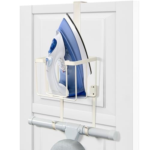 ORLESS Over The Door/Wall Mount Ironing Board Hanger, Laundry Room Iron and Ironing Caddy Board Storage Holder White - Image 1