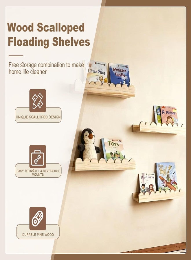 icnjdMopclean Scalloped Shelves for Nursery - Wall Book Shelves for Bedroom Kids, Nursery Bookshelf for Wall Set of 4, Floating Book Shelves Solid Wood,16 Inch, Natural - Image 4