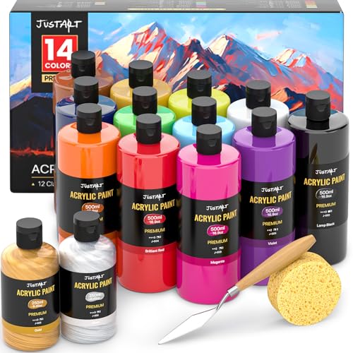 JusArt 14 Colors Acrylic Paint Bottle Set 500ml/16.9oz (2pcs 8.45oz Metallic Paints), Rich Pigmented Bulk Painting Supplies for Artists, Beginners Kids Adults on Rocks Canvas Crafts Wood Ceramic Fabric - Image 1