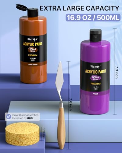 JusArt 14 Colors Acrylic Paint Bottle Set 500ml/16.9oz (2pcs 8.45oz Metallic Paints), Rich Pigmented Bulk Painting Supplies for Artists, Beginners Kids Adults on Rocks Canvas Crafts Wood Ceramic Fabric - Image 2