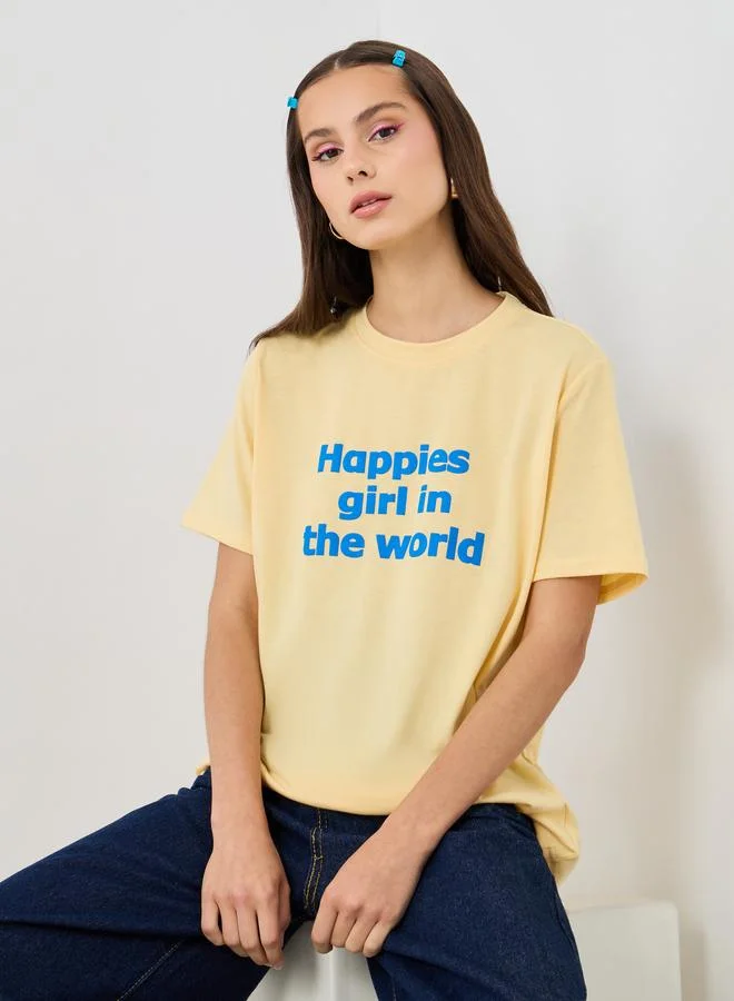 ستايلي Styli Slogan Print Round Neck Oversized T-Shirt