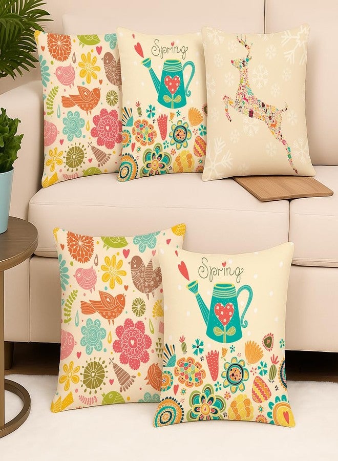 BRICK HOME Set of 5 Polycotton Printed Cushion Covers 16x16 Inches | Spring Floral & Bird Design | Multicolor Pastel on Beige | Soft Decorative Pillow Covers for Sofa, Couch & Living Room - Image 2