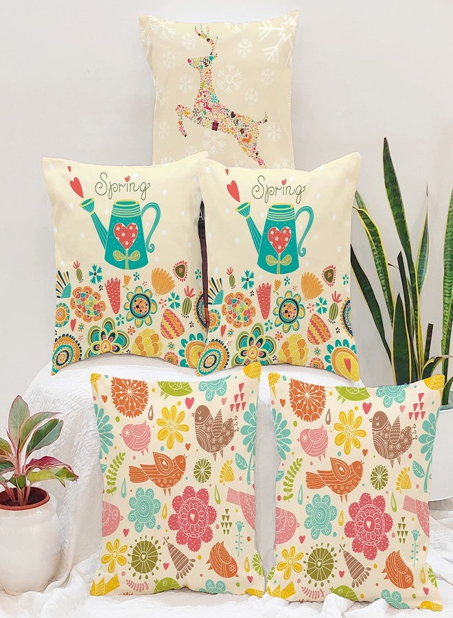 BRICK HOME Set of 5 Polycotton Printed Cushion Covers 16x16 Inches | Spring Floral & Bird Design | Multicolor Pastel on Beige | Soft Decorative Pillow Covers for Sofa, Couch & Living Room - Image 1