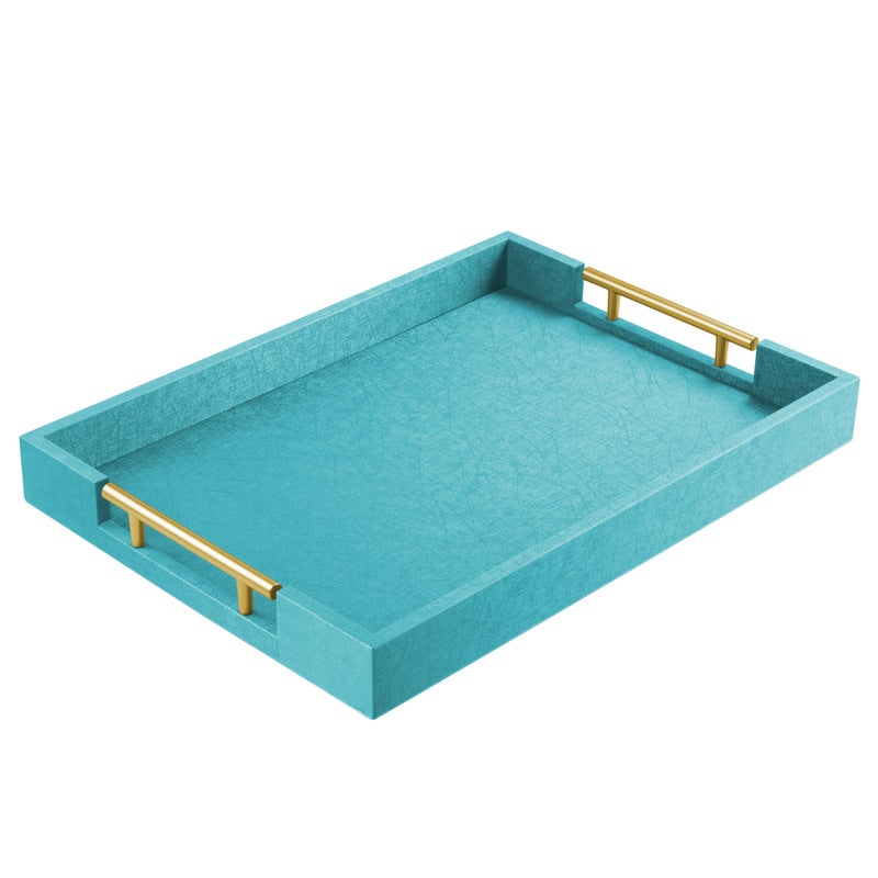 17 x 12 Wood Serving Tray with Gold Polished Metal Handles Home Decorative Wooden Rectangle Ottoman Leather Decor Platter Bathroom Vanity Tray for All Occasions Blue
