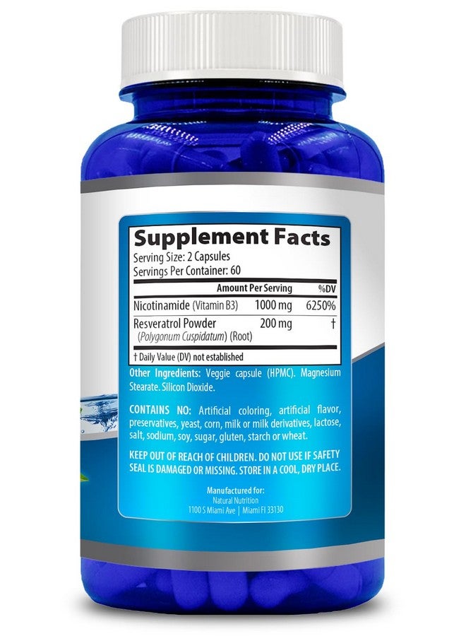 Generic Natural Vitamin Extra Strength Nicotinamide with Resveratrol 1200mg (Vitamin B-3) 120 Veggie Capsules Gluten Free & Non-GMO - Image 3