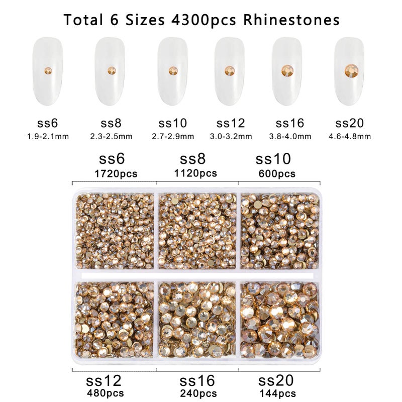 Beadsland 4300pcs Flatback Rhinestones,Gold Rhinestone Nail Gems Round Crystal Rhinestones for Crafts,Mixed 6 Sizes with Picking Tweezers and Wax Pencil Kit, SS6-SS20,Golden Shadow - Image 4