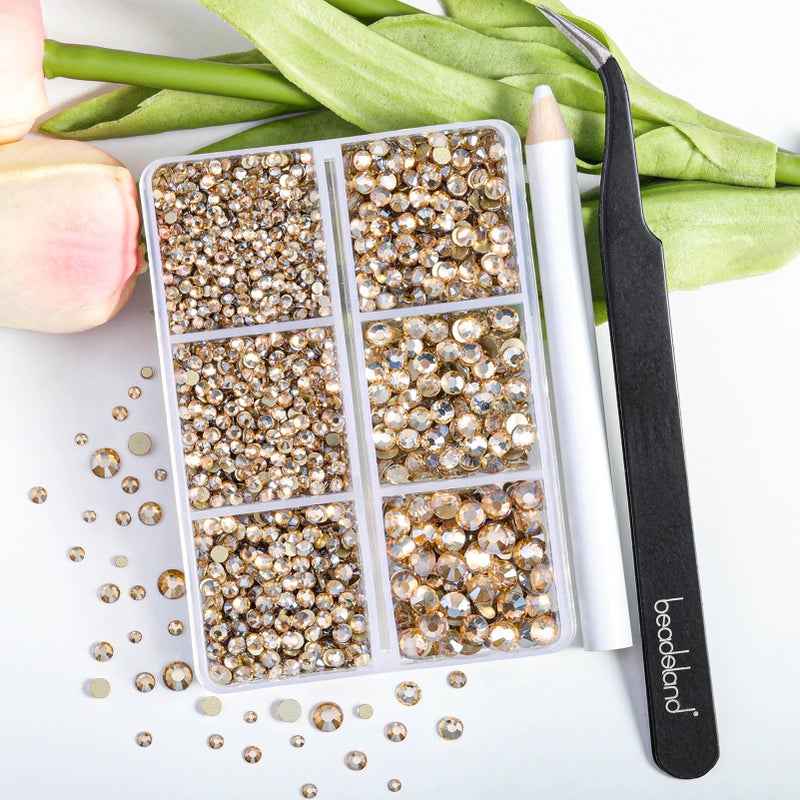 Beadsland 4300pcs Flatback Rhinestones,Gold Rhinestone Nail Gems Round Crystal Rhinestones for Crafts,Mixed 6 Sizes with Picking Tweezers and Wax Pencil Kit, SS6-SS20,Golden Shadow - Image 2