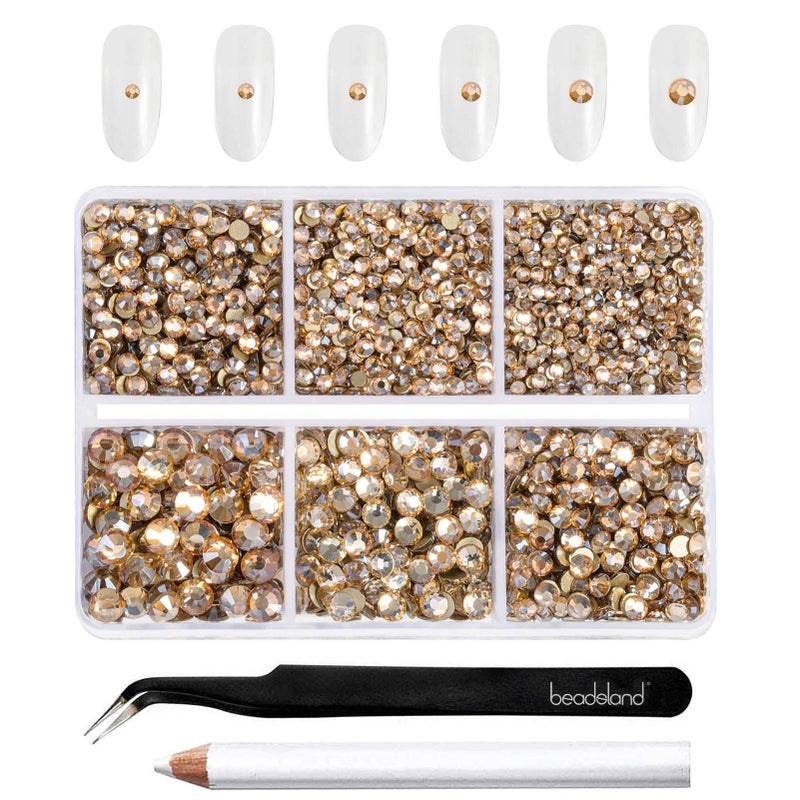 Beadsland 4300pcs Flatback Rhinestones,Gold Rhinestone Nail Gems Round Crystal Rhinestones for Crafts,Mixed 6 Sizes with Picking Tweezers and Wax Pencil Kit, SS6-SS20,Golden Shadow - Image 1