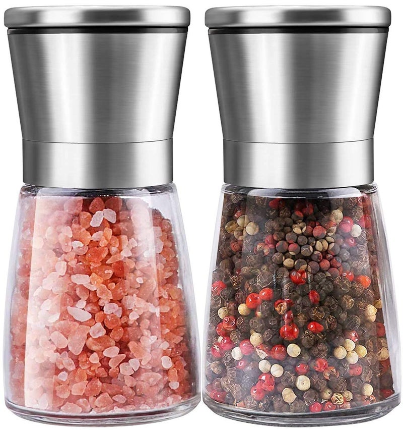 Elvana Beautiful Stainless Steel Salt & Pepper Grinders Refillable Set - Two 5 oz Salt/Spice Shakers with Adjustable Coarse Mills - Easy Clean Ceramic Grinders - Image 1