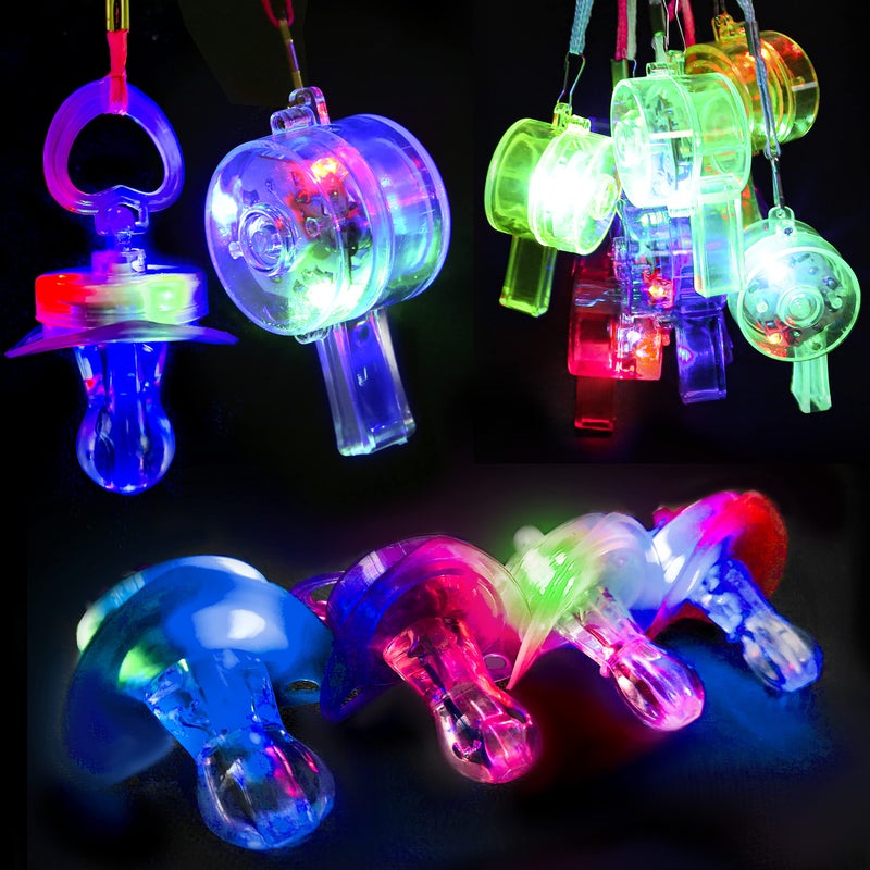 PROLOSO 20 PCS Light up Flashing Whistles Glow in the Dark Party Supplies Include 10 Pacifier Whistles and 10 Round Whistles with Lanyard - Image 3