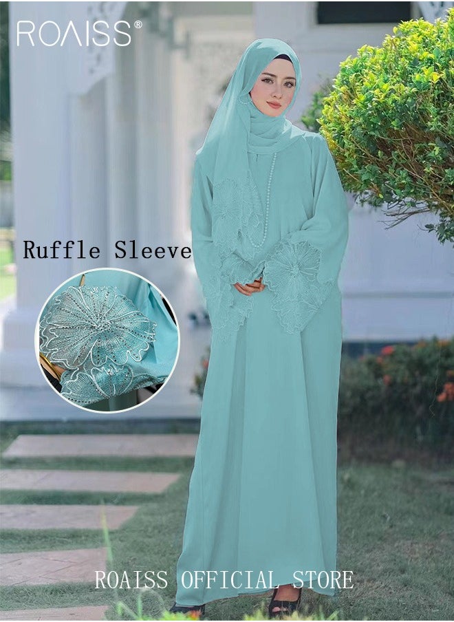 roaiss - 2Pcs-Women's Robe Dress Solid Color Floral Embroidery Lace Edge With Same Headscarf - Image 1