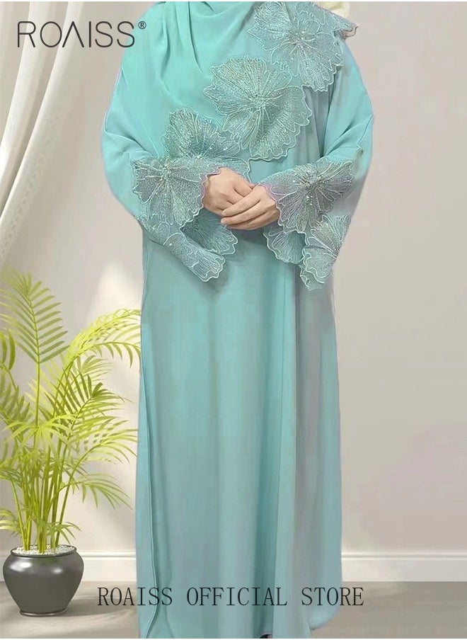 roaiss - 2Pcs-Women's Robe Dress Solid Color Floral Embroidery Lace Edge With Same Headscarf - Image 1