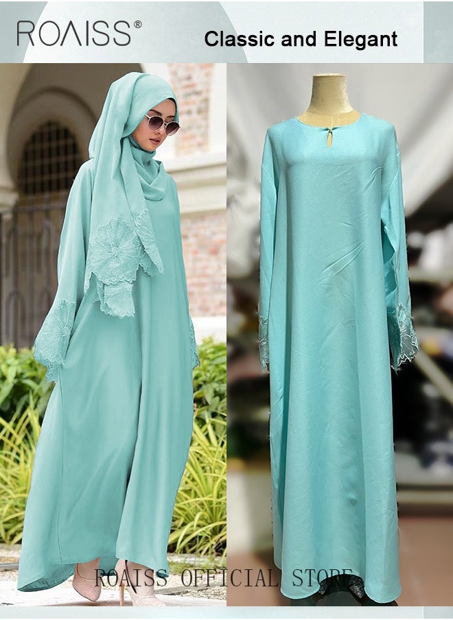 roaiss - 2Pcs-Women's Robe Dress Solid Color Floral Embroidery Lace Edge With Same Headscarf - Image 1