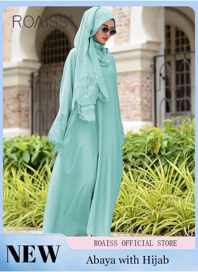 roaiss - 2Pcs-Women's Robe Dress Solid Color Floral Embroidery Lace Edge With Same Headscarf - Image 1