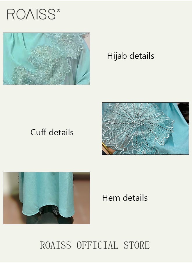 roaiss - 2Pcs-Women's Robe Dress Solid Color Floral Embroidery Lace Edge With Same Headscarf - Image 1