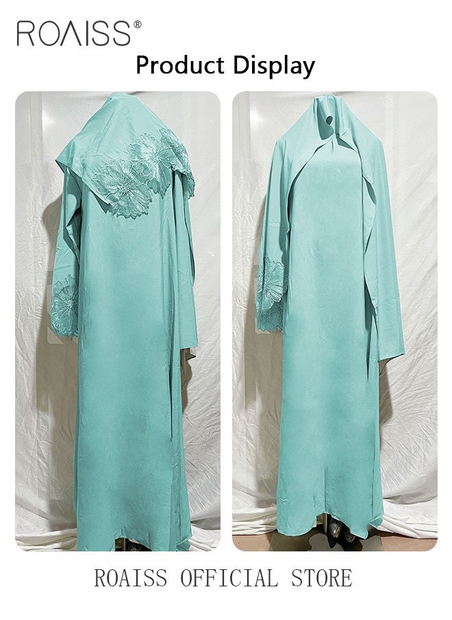 roaiss - 2Pcs-Women's Robe Dress Solid Color Floral Embroidery Lace Edge With Same Headscarf - Image 1