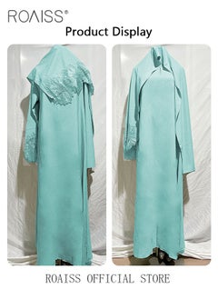 roaiss 2Pcs-Women's Robe Dress Solid Color Floral Embroidery Lace Edge With Same Headscarf  - Image 5