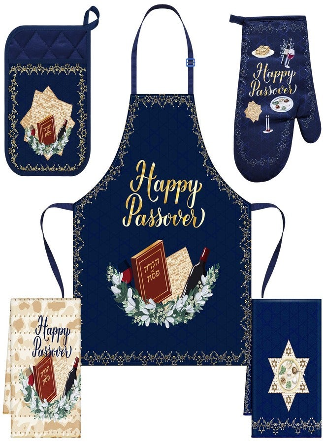 Funnysoft 5 Pcs Passover Hostess Present Passover Apron Pot Holder Oven Mitts Kitchen Towels Set Passover Kitchen Accessories Passover Cooking Gift for Women Men - Image 1