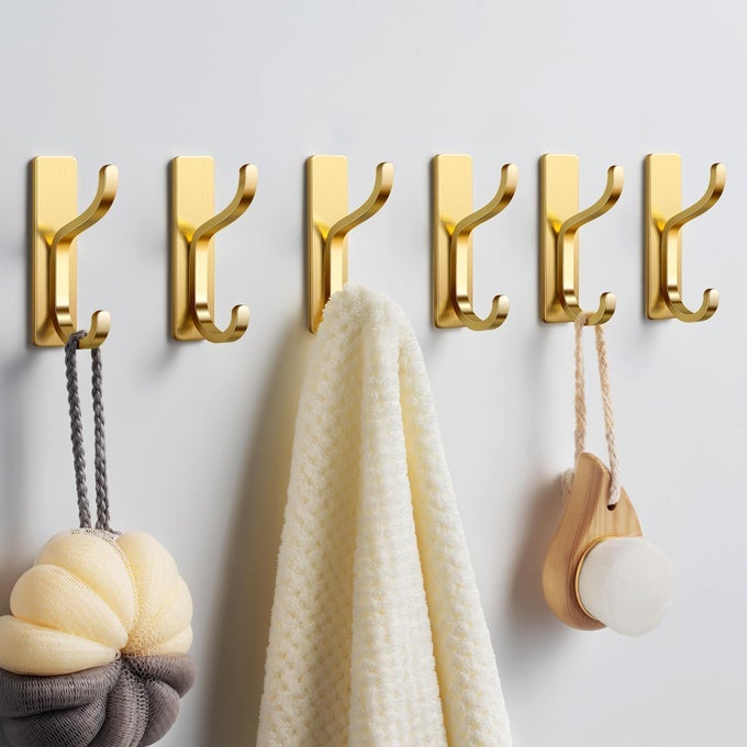 ADHESIVE WALL COAT HOOKS HEAVY DUTY STICKON DOOR HANGER METAL HOOK FOR HANGING TOWELPURSE ROBE BACKPACK JACKET CLOTHES FOR BATHROOMDORM CLOSET KITCHEN GOLD 6 PACK