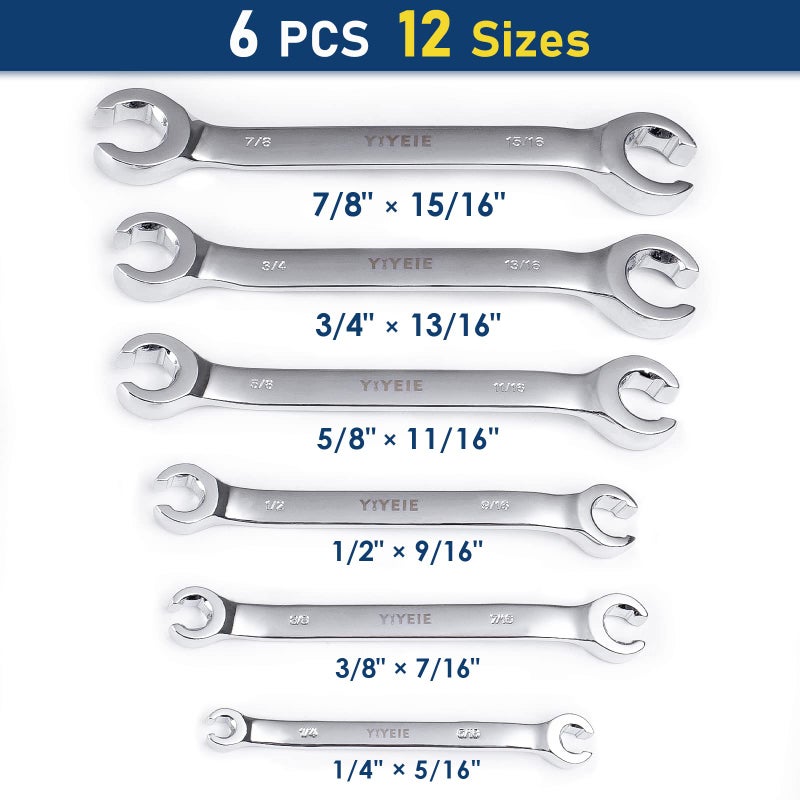 YIYEIE 6 Pc. Flare Nut Wrench Set, SAE 1/4" to 15/16", CR-V Steel, Brake Fuel Line Wrench Set with Roll-up Pouch - Image 2